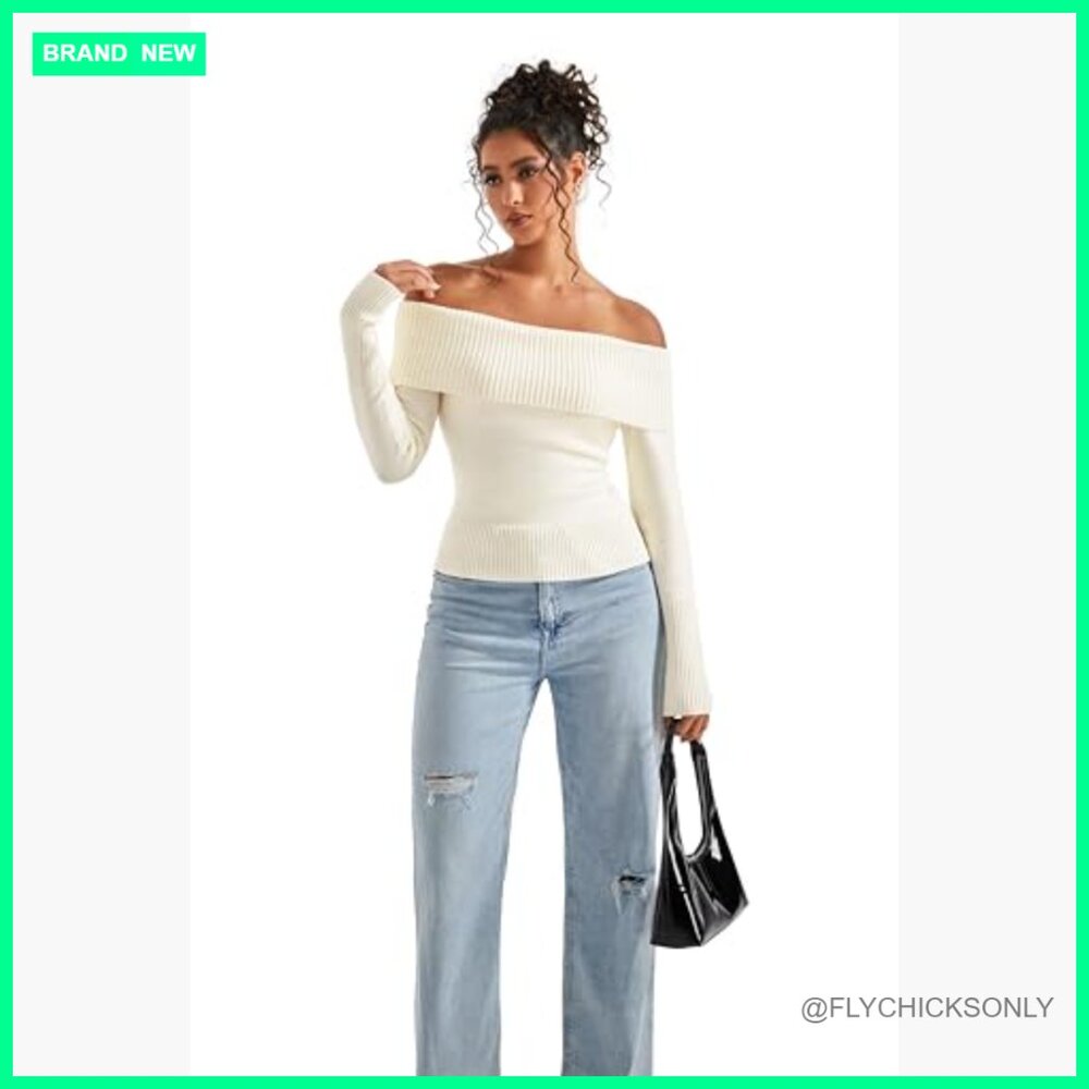 Off Shoulder Ribbed Knit Sweater Pullover Long Sl… - image 3